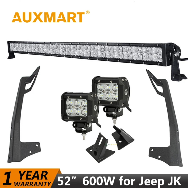 

Auxmart LED Light Bar for Jeep Wrangler JK 07~17 Straight 50" 600W bar Combo Beam Offroad 36W Led Work Lights + Mount Supports