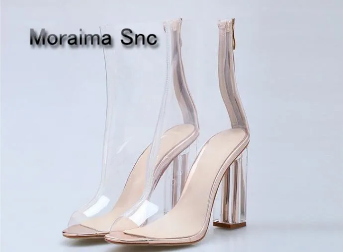Moraima Snc PVC boots women peep toe Transparent ankle boots for women summer rainboots sexy high heels shoes women hot selling moraima snc red boots transparent high heels boots women square toe mid calf rainboots sexy ankle boots for women bottine femme