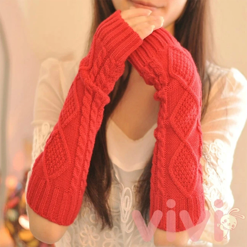 Women Autumn Winter Knit Gloves Arm Wrist Sleeve Warmer Girls Rhombus Long Half Winter Mittens 30*8CM