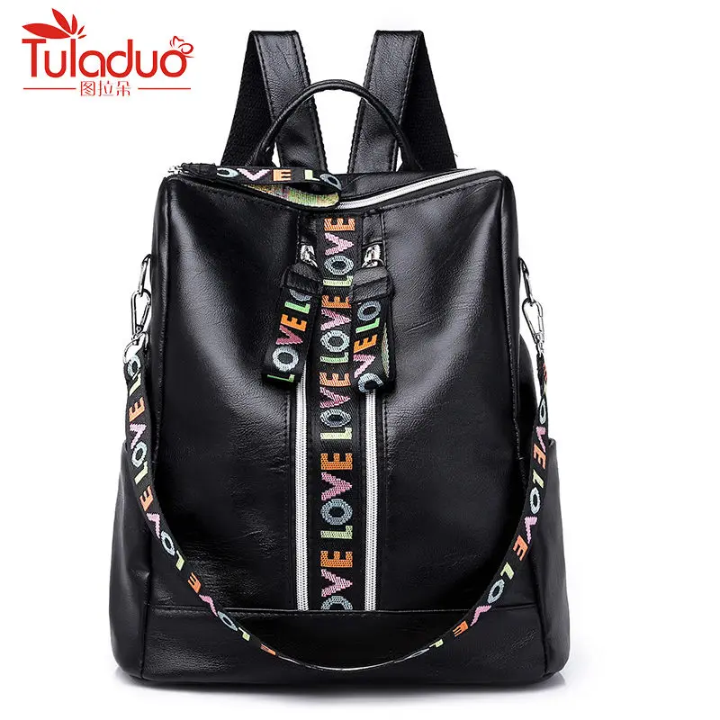 

PU Leather Women Backpack Ribbons Strap Spinning Multifunction Big Bag Famous Designer Shoulder Bag Double Zipper Backpacks