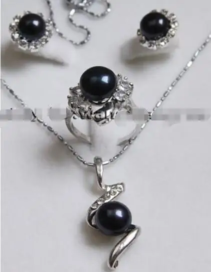 

Free shipping hot sale Women Bridal Wedding Jewelry >>Genuine Black Akoya Cultured pearl Earrings /Ring / Necklace Pendant Set