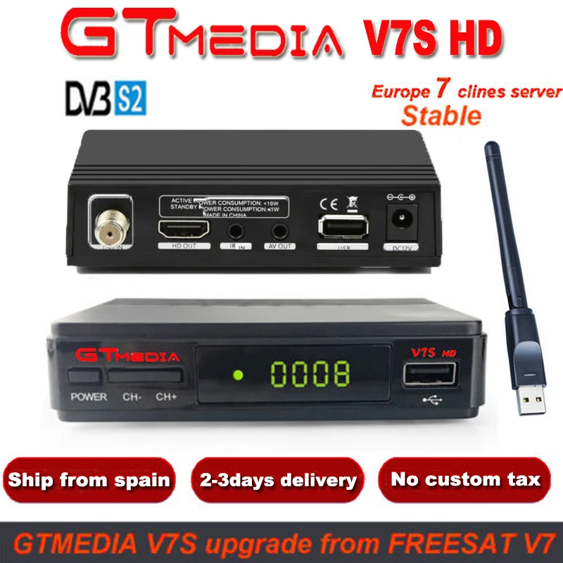

GTMedia V7S HD Digital Satellite Receiver DVB-S2 V7S HD Full 1080P+USB WIFI Upgrade Freesat V7 + 1 Year Europe 7 Clines Server