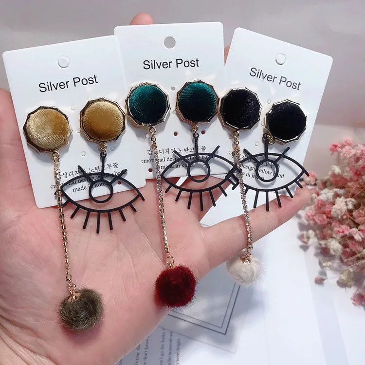 big eye asymmetric tassel earrings 925 silver post Hypoallergenic fadeless fashion jewelry stud earrings for women girl gift