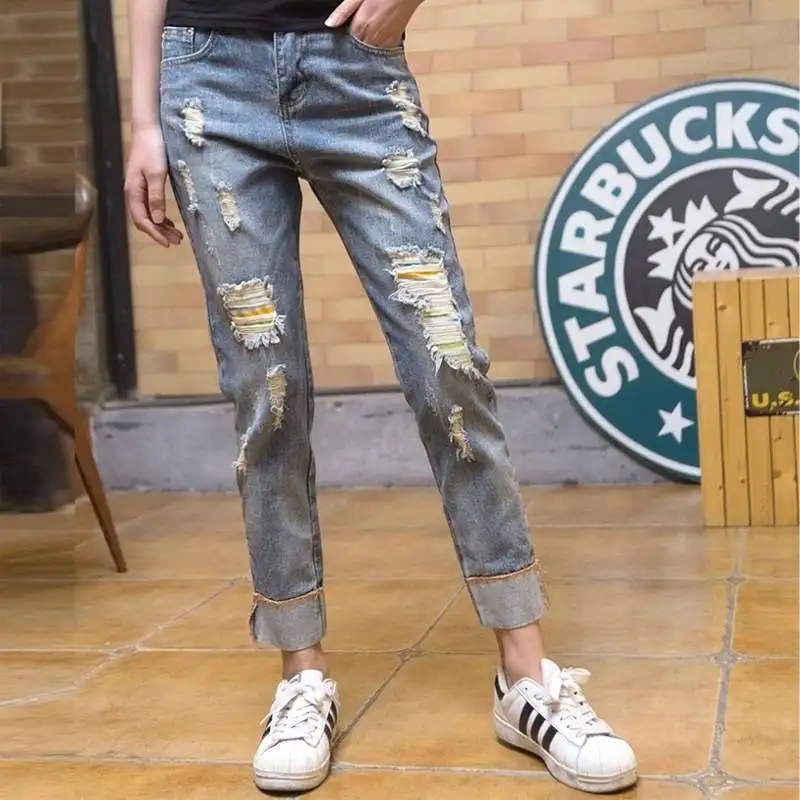 

2018 trendy ripped elastic waist women jeans woman jeans with high waist ladies mom denim pants femme boyfriend jeans for women