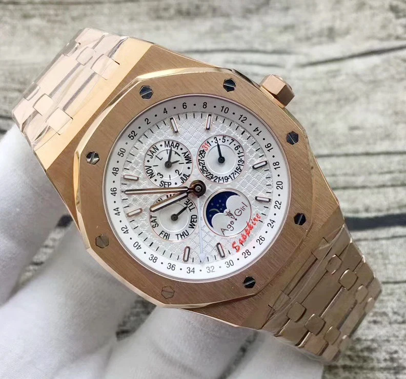 

Luxury Brand New Men Watch Automatic Mechanical GMT Moon Phase Sapphire Rose Gold Luminous Blue White Watches Limited AAA+