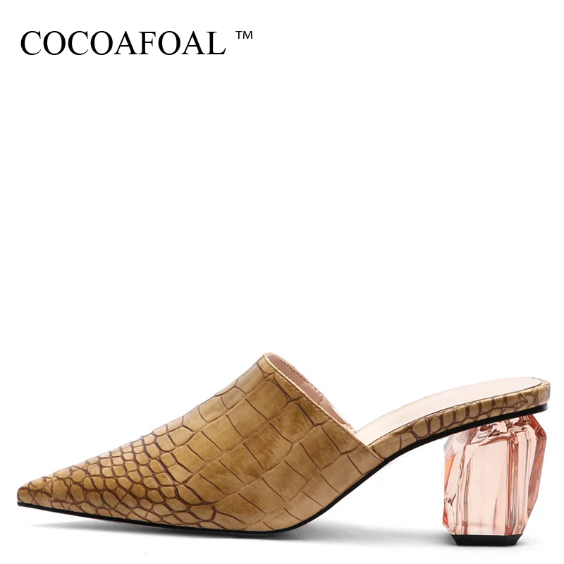 

COCOAFOAL Summer Women's Snakeskin Pattern Slipper Transparent Heels Shoes Pointed Toe Woman Snakeskin Pattern Sandals Brown