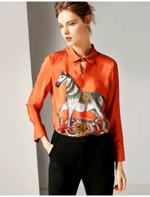 

New style long-sleeve printed silk shirt with Lapel for women's wear in 2019