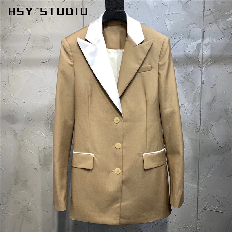 【HSY studo】2019 Осенняя Новая модная Приталенная футболка в стиле пэчворк Женский блейзер длинный рукав карман деталь деформация талия лацкан