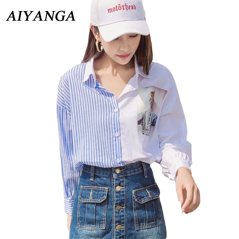 

2018 Spring Summer Fashion Contrast Color Blouses Print Striped Long Sleeve Shirts Big Size Turn-down Collar Casual Blouses