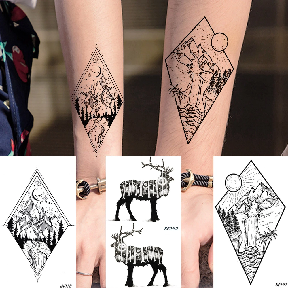 Baofuli Peak Mountain Temporary Tattoo Fake Black Elk Tattoos Sticker Geometric Forest Tree River Body Arm Tatoos Women Men Temporary Tattoos Aliexpress