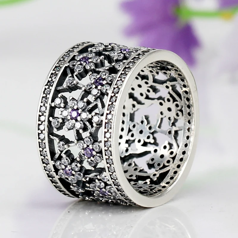 New Exquisite 100% S925 Sterling Silver Purple & Clear CZ Flower Silver Wedding Rings For Women Fine Anillos Wholesale Jewelry