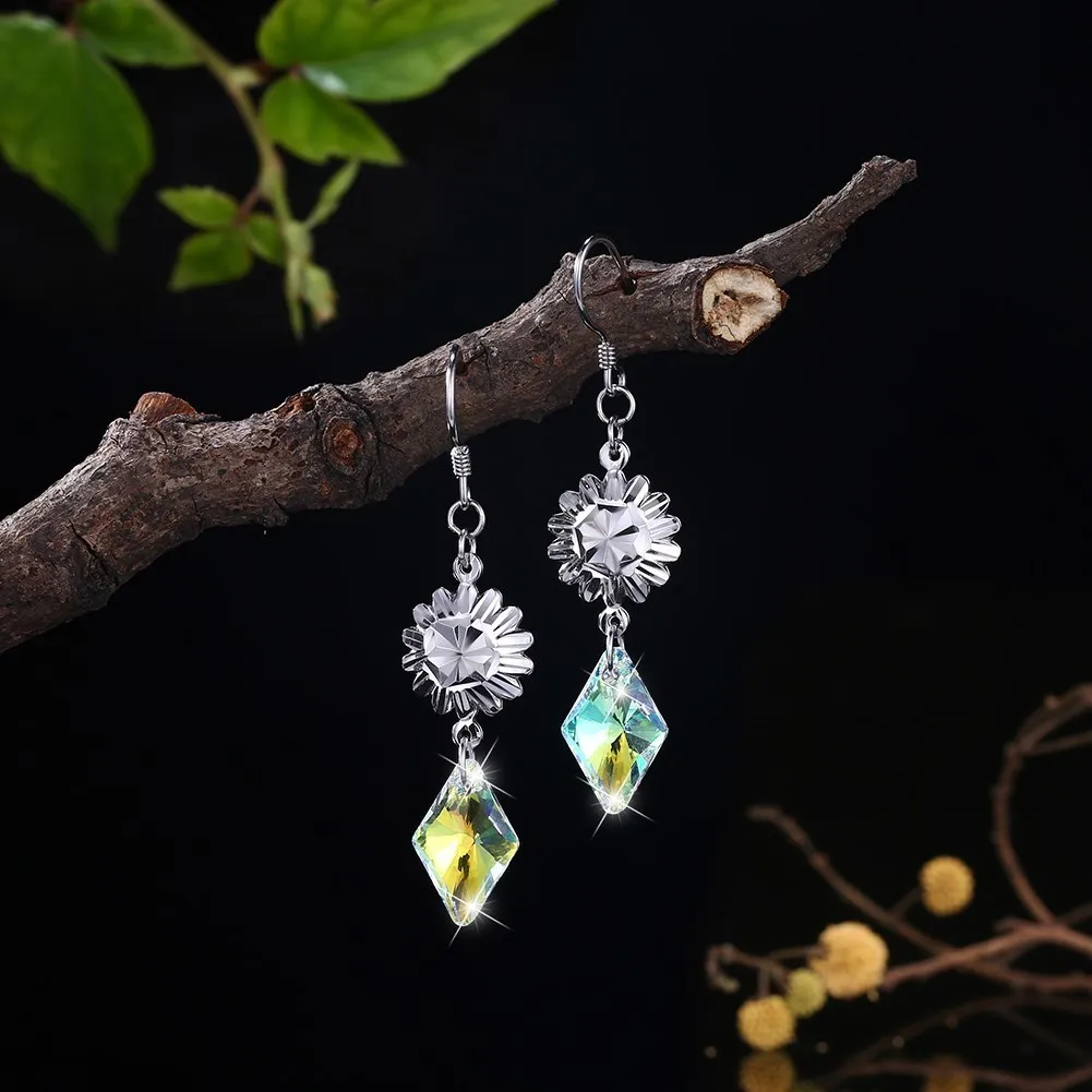 Новые женские новые модные украшения 925 пробы Серебряные Кристаллы от Swarovski модные ромб Кристалл Висячие серьги Bamoer