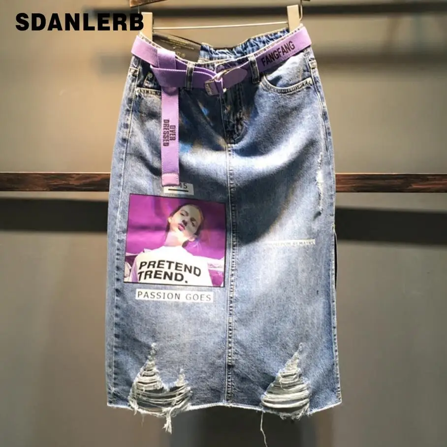 

2019 New Summer Denim Skirt Womenletter Printing Hole Split Package Hip Jeans Skirt