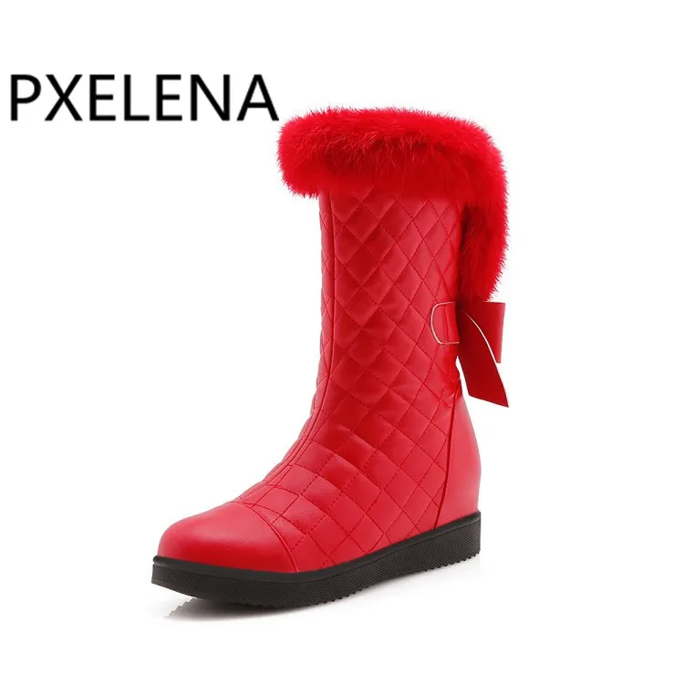 PXELENA/зимние сапоги на скрытом каблуке с искусственным мехом и бантиком; женская обувь с круглым носком на платформе; коллекция года; Зимние Теплые ботильоны; женская обувь; Цвет черный, белый