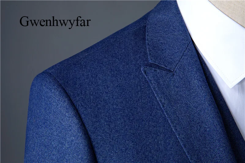 Gwenhwyfar мужские костюмы синий формальные мужские костюмы с отворотом, Свадебный вечерний для жениха смокинг, деловой костюм, мужские вечерние костюмы, Блейзер, 3 предмета