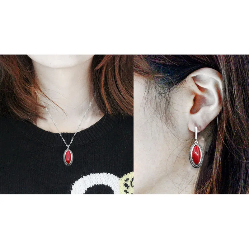 Double Layer Rhombus Red Stone Set Retro Necklace Earrings For Women Antique Silver Plated Fashion Jewelry|Ювелирные наборы| |