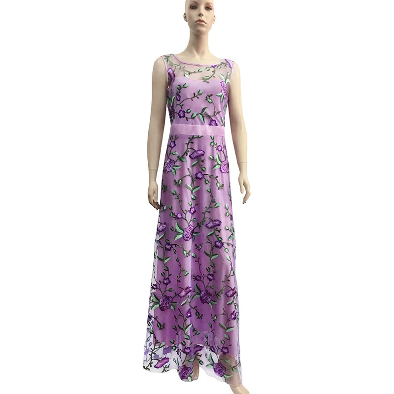 Цветочная вышивка длинное Сетчатое платье для женщин без рукавов Высокая талия подиум макси платья элегантные дамские вечерние платья халат vestidos - Цвет: Purple