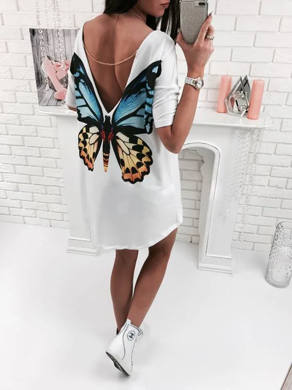 2018 Casual cat butterfly printed O Neck V backless short sleeve Loose white mini dress womens fashion dresses summer women long sleeve maxi dress Dresses