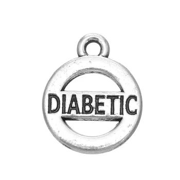 

RAINXTAR Antique Silver Color Double Side Round DIABETIC Alloy Medical Charms 13*16mm 50pcs AAC759