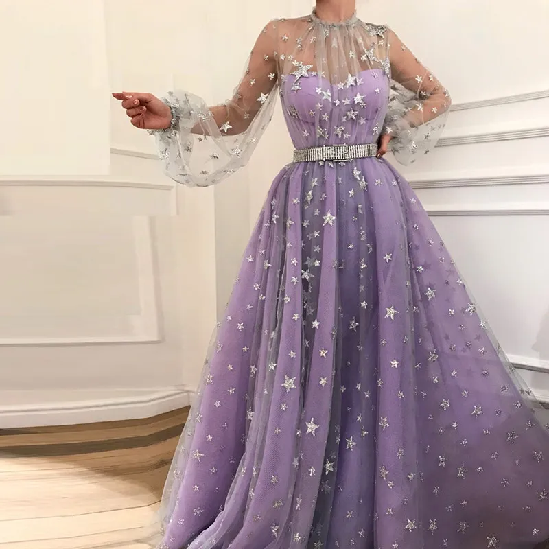 

Evening Dresses 2019 Tulle Long Sleeves Party Gowns Halter Neck Long Dresses Evening Abiye Gece Elbisesi Dress For Party