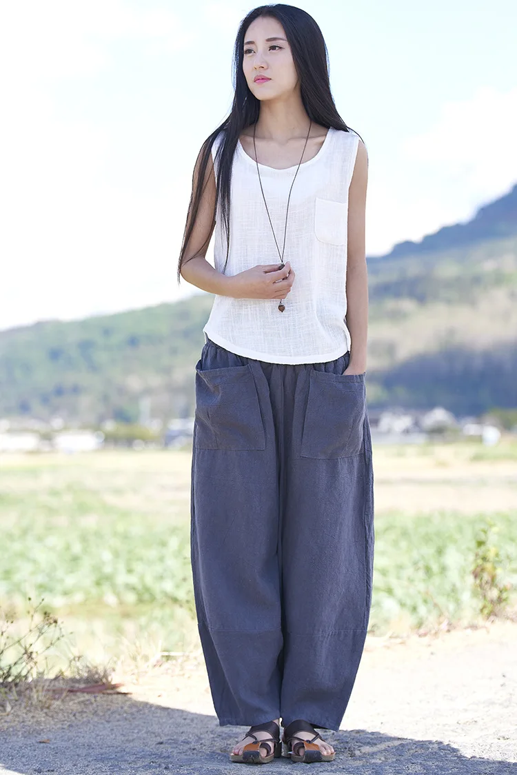 LZJN Baggy Pantalon Women Loose Ankle length Pants Linen Wide Leg Ladies Casual Sand Wash Summer Cool Baggy Trousers with Pocket (39)