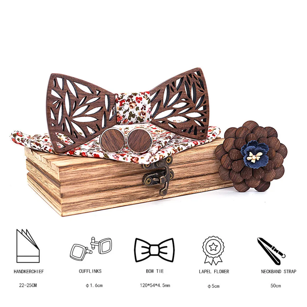 Wooden Bow Tie Handkerchief Set Men's Plaid Bowtie Wood Hollow carved cut out Floral design And Box Novelty ties Bowtie