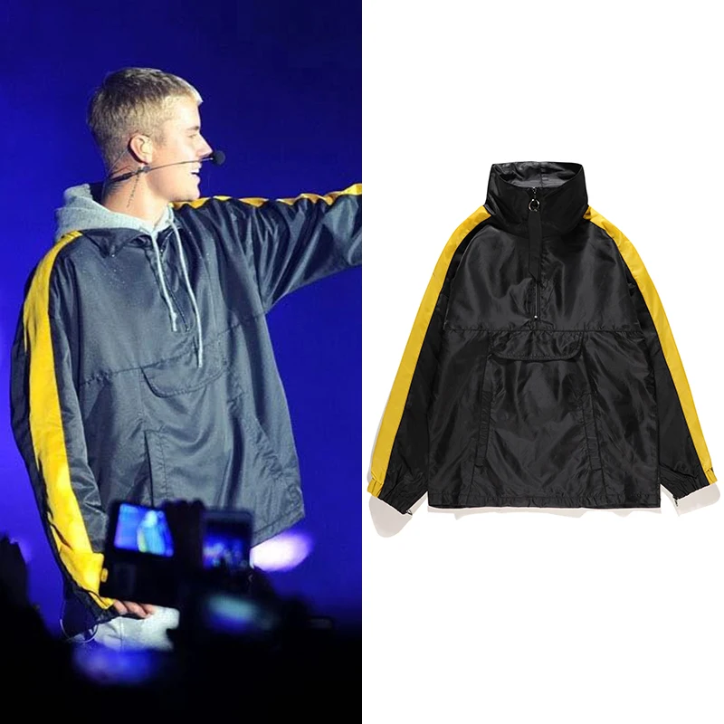 

Justin Bieber Half Zipper Windbreaker Men's Retro Contrast Color Side Stripes Turtleneck Jackets and Coats Windbreaker Men Women