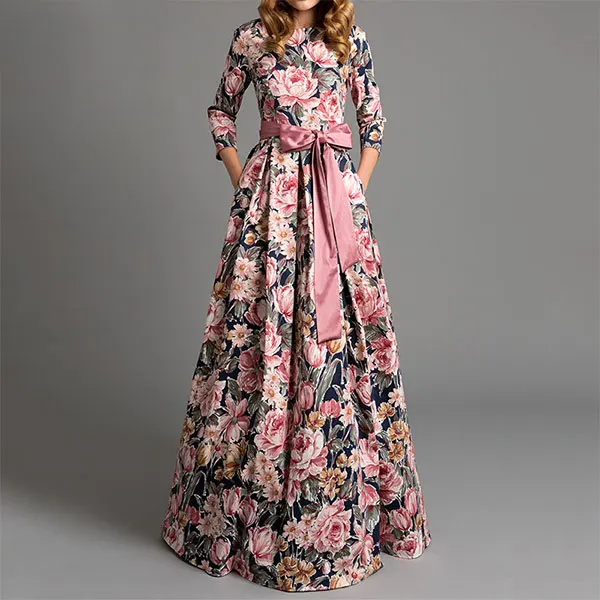 

Bohemian printing long dress O-neck 3/4 sleeve big hem women spring summer dress elegant casual vestidos de