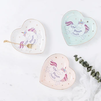 

European ceramic heart-shaped plate jewelry storage dish small ornaments decorative pendulum gold cute unicorn