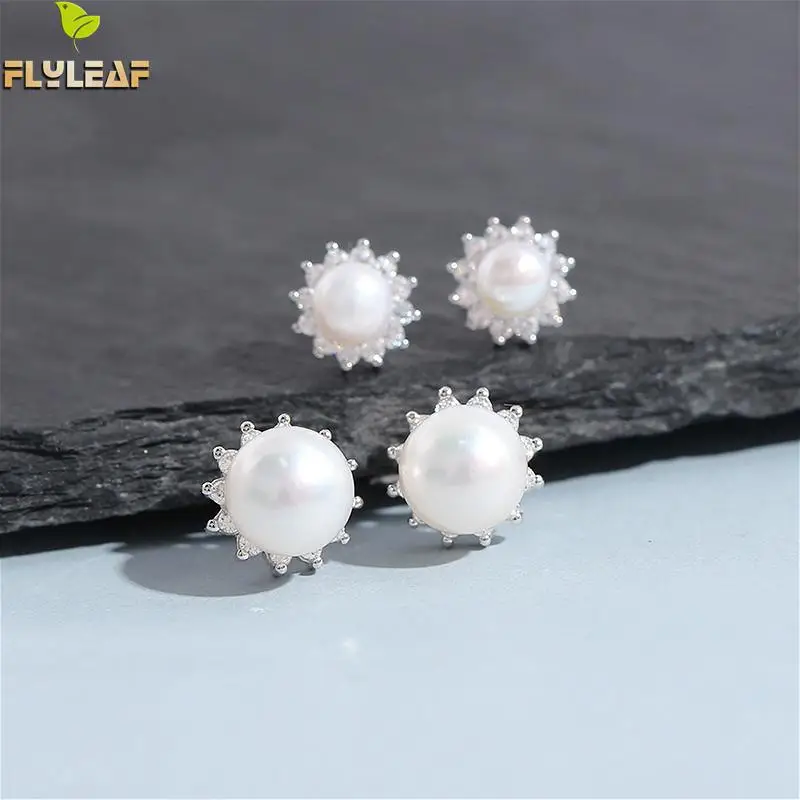 

Flyleaf Flower 100% 925 Sterling Silver Stud Earrings For Women Fine Jewelry High Quality Freshwater Pearl Zircon Earrings Party