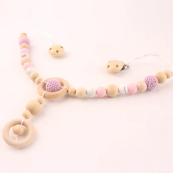 

1PC Pacifier Chain Two Wooden Pacifier Clip With Ring Crochet Beads Holder Soothie Teething Dummy Holder Safe For Baby Teether