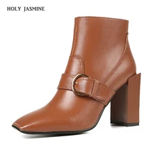 2019 Fashion Square Toe Women Booties Chunky High Heels Back Zipper Ladies Shoes Geninue Leather Ankle Boots Women Black Brown fashion square toe women booties chunky high heels back zipper ladies shoes geninue leather ankle boots women black white brown