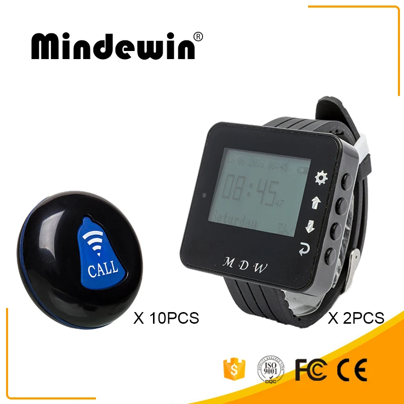 

Mindewin Restaurant Pager Wireless Calling System 20pcs Call Transmitter Button+2pcs Watch Receiver 433MHz Catering Equipment
