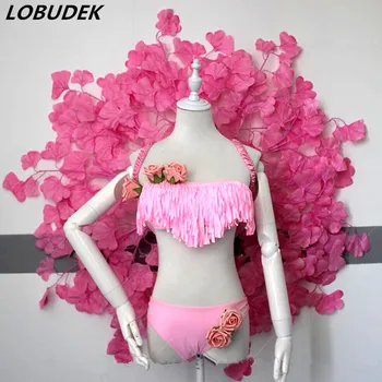 

Sexy Pink Rose Bikini Flowers Backboard Nightclub Clothing Women Singer Bar Party Stage Outfit Prom Models Catwalk Show Costume