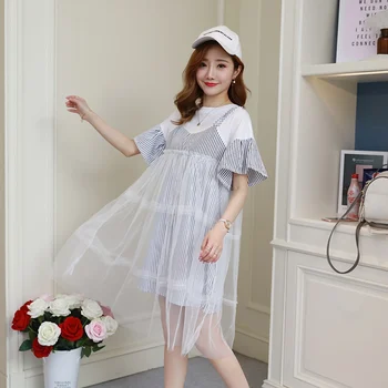 

2019 new pregnant women large size striped mesh stitching dress Korean fashion pregnant skirt