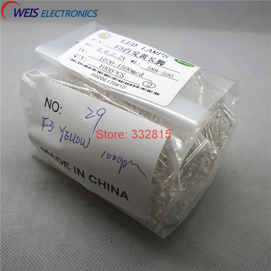 

1000PCS F3 YELLOW LED DIP-2 3MM ROUND Water Clear LONG LEGS 2.0-2.2V 1000-1500MCD light emitting diode LAMP Free shipping D,