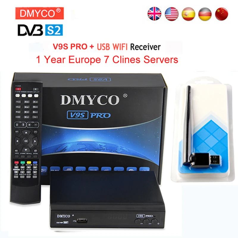 7 clines for 1 year europe DMYCO Satellite Receiver DVB-S2 1080p HD Satellite Decoder+USB WIFI Support Newcam Youtube IPTV 3G