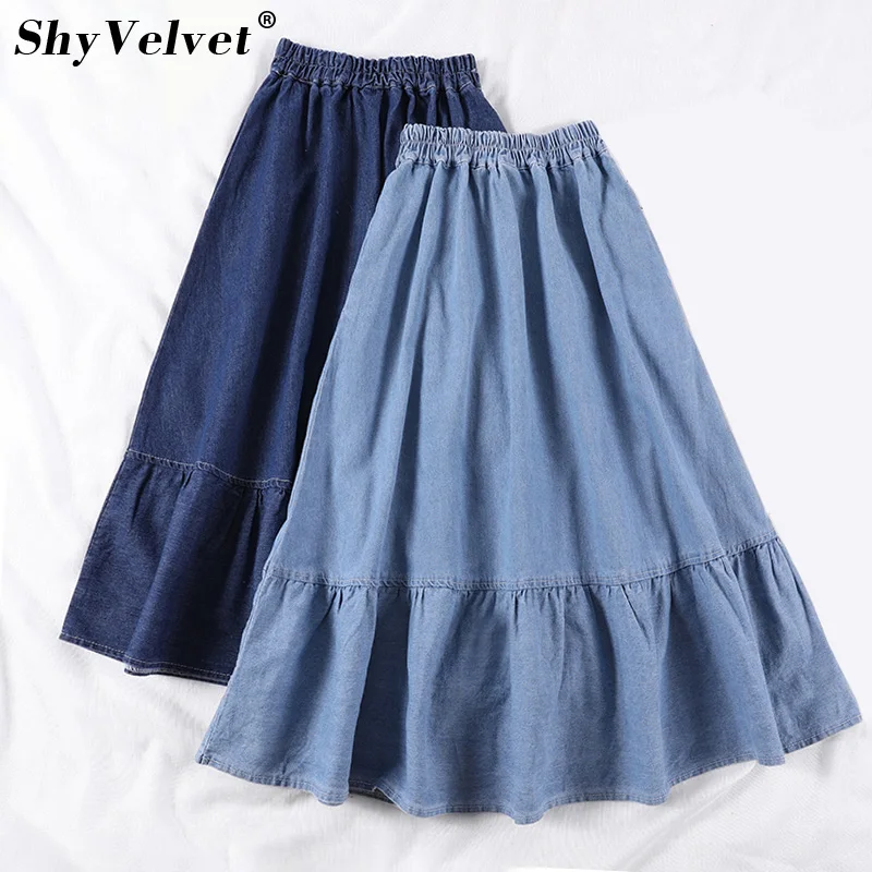 Высокая талия плиссированная трапециевидная джинсовая юбка женская летняя новая над размером d S-3XL Плюс Размер Длинные свободные джинсовые юбки женские
