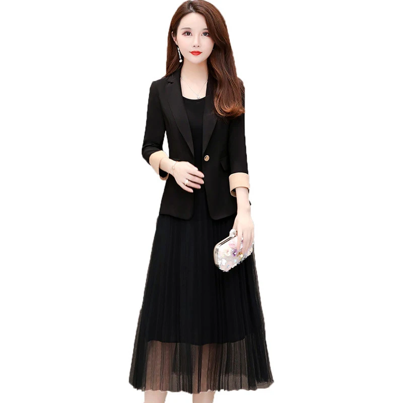 

Spring Autumn Dress 2 Piece Sets OL Style Women Blazer Jacket With Mesh Stitching Pleated Dress New Fashion Womens Suit J200
