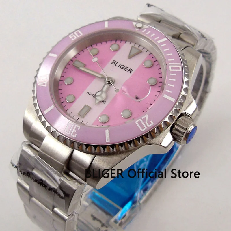 

Sapphire Crystal BLIGER 40mm White Pink Dial Pink Ceramic Bezel Luminous Marks Date Miyota Automatic Movement Men's Watch B115