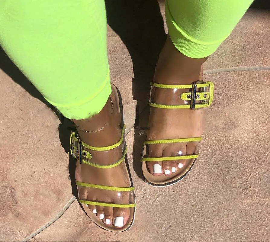 

Women Summer Slipper PVC Open Toe Belt Buckle Flat with Comfort Fashion Slippers Ladies Shallow Casual Beach Slides Big Size