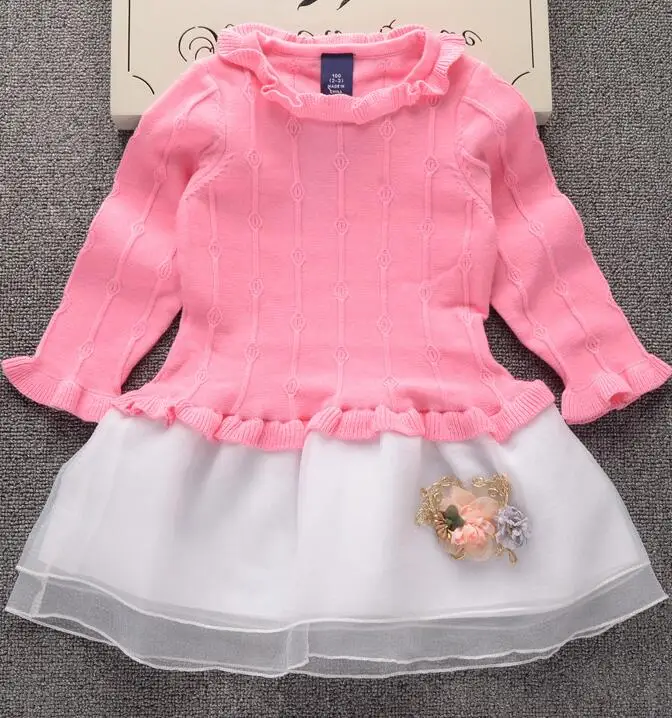 Осень-зима, новое модное платье-свитер для девочек Детский свитер одежда для детей трикотажная юбка из хлопка пуловер для детей от 2 до 7 лет - Цвет: Розовый