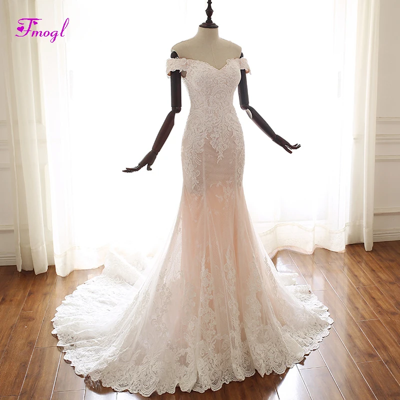 

Fmogl Charming Boat Neck Lace Up Mermaid Wedding Dresses 2020 Gorgeous Appliques Trumpet Bridal Gown Vestido de Noiva Plus Size