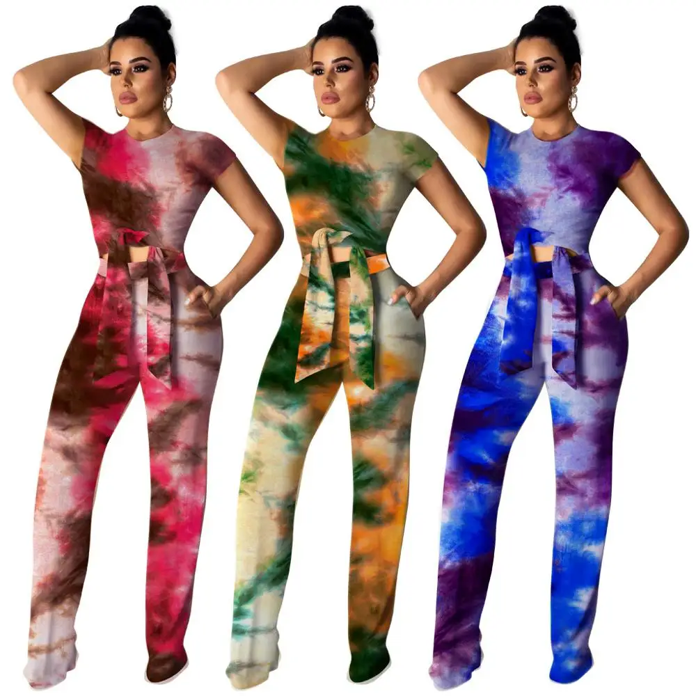 

Women print o-neck crop top wide leg pants two piece set women bandage tops pants 2 piece sets summer women's suits plus size