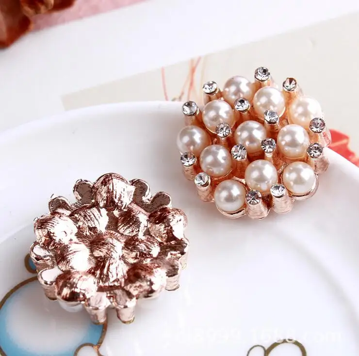 

50 Pieces Wholesale Rose Gold Crystal Glass Pearl Buttons Embellishment Flatback Alloy Buttons 23mm
