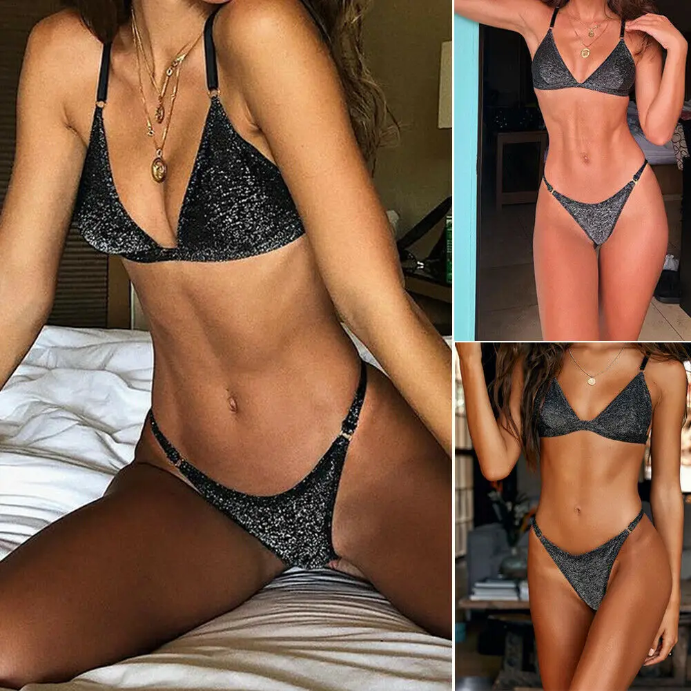 

2019 New Style Sequined Women Bandage Push-up Padded Bikini Set Swimwear Swimsuit Bathing Suit Lot