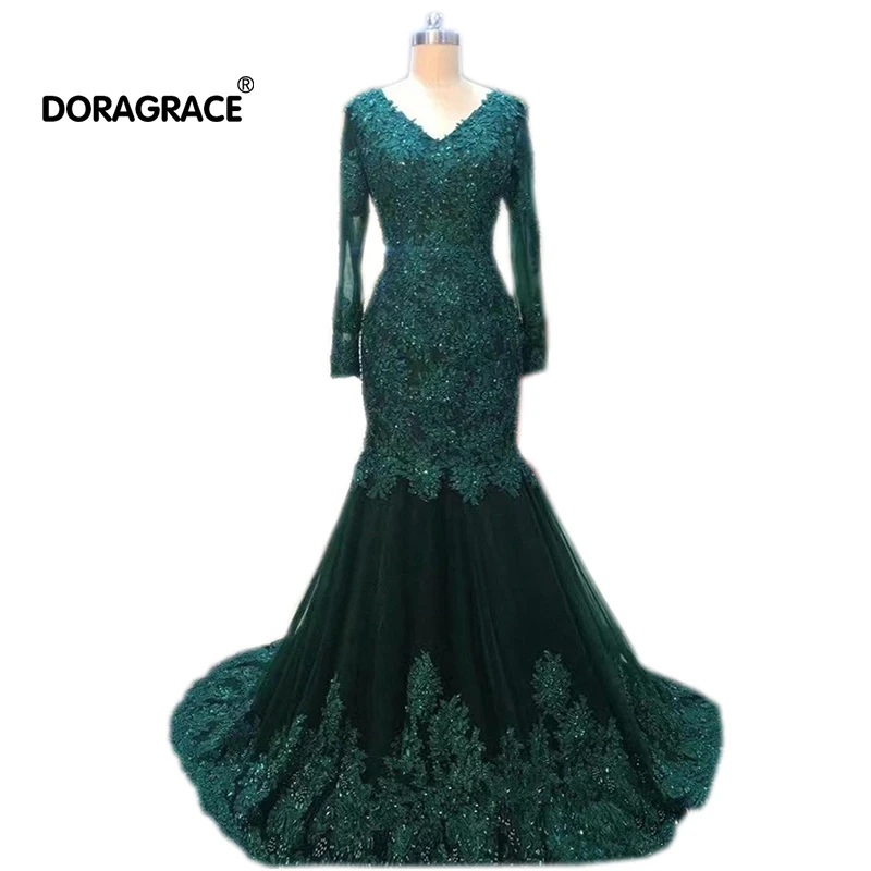 

Doragrace robe de soiree Elegant V Neck Long Sleeves Evening Dresses Mermaid Prom Gowns Plus Size Custom Made
