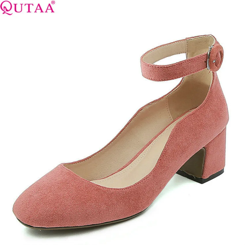 

QUTAA 2018 Women Pumps Fashion Buckle Square Toe All Match Square High Heel Flock High Quality Ladies Pumps Szie 34-43