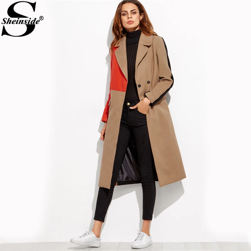 

Sheinside Patchwork Double Breasted Coats Women Camel Long Sleeve Color Block Casual Long Outer Winter Work Ladies Coat