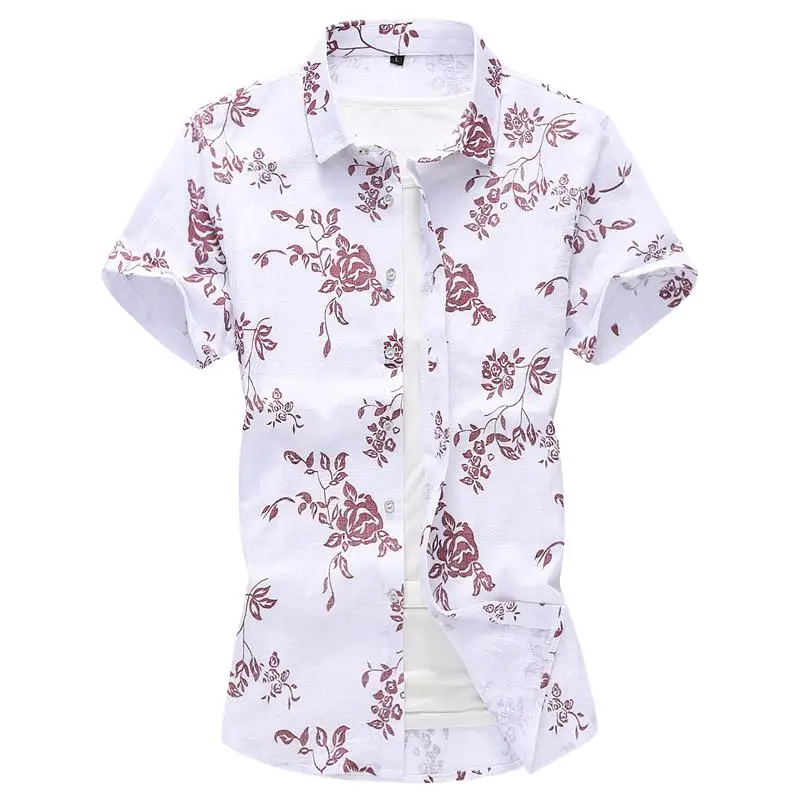 

Hawaiian Shirt Mens Floral Blouse Men Casual Cotton linen Flower Mens Dress Shirts Red blue Summer